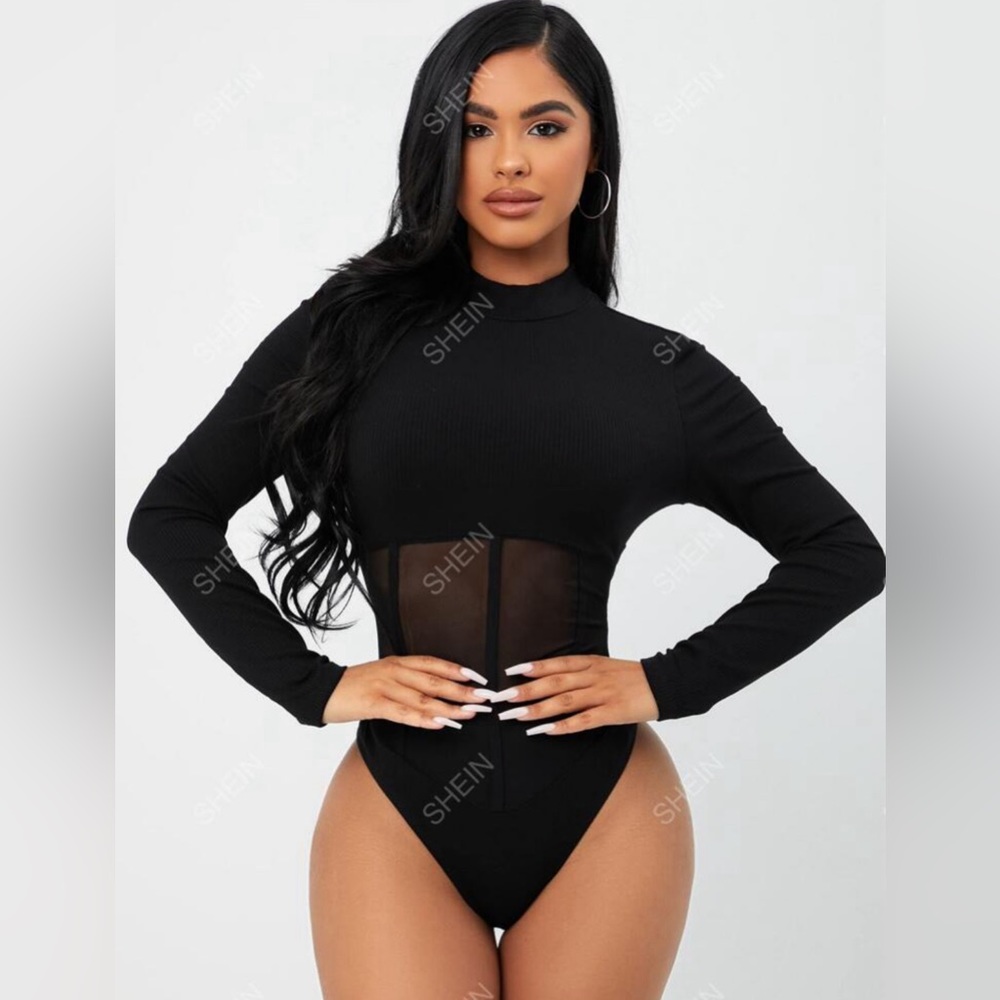 SHEIN SXY Mock Neck Mesh Panel Bodysuit